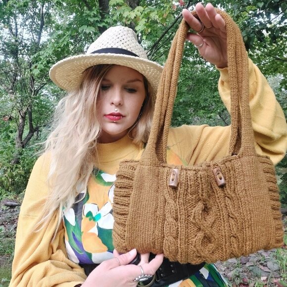 𝅺HANDMADE Vintage Earthy Mustard Knit Handbag - Picture 8 of 9